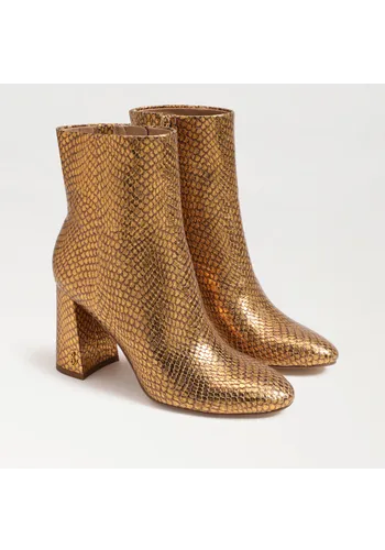 sam edelman daria block heel bootie medallion gold metallic snake 90